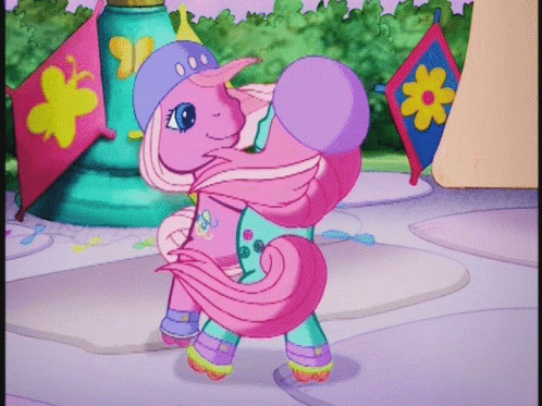 A gif of Pinkie Pie and Minty from My Little Pony spinning together while wearing roller skates and helmets.