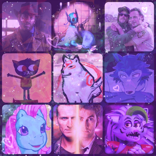 A glittery collage of characters with a pink filter over it, covered in hearts and sparkles. It displays Arthur Morgan, Moon and Rivulet, Daryl and Rick, Mae, Amaterasu, Legoshi, Minty, The Doctor's 9th and 10th regenerations, and Roxanne Wolf