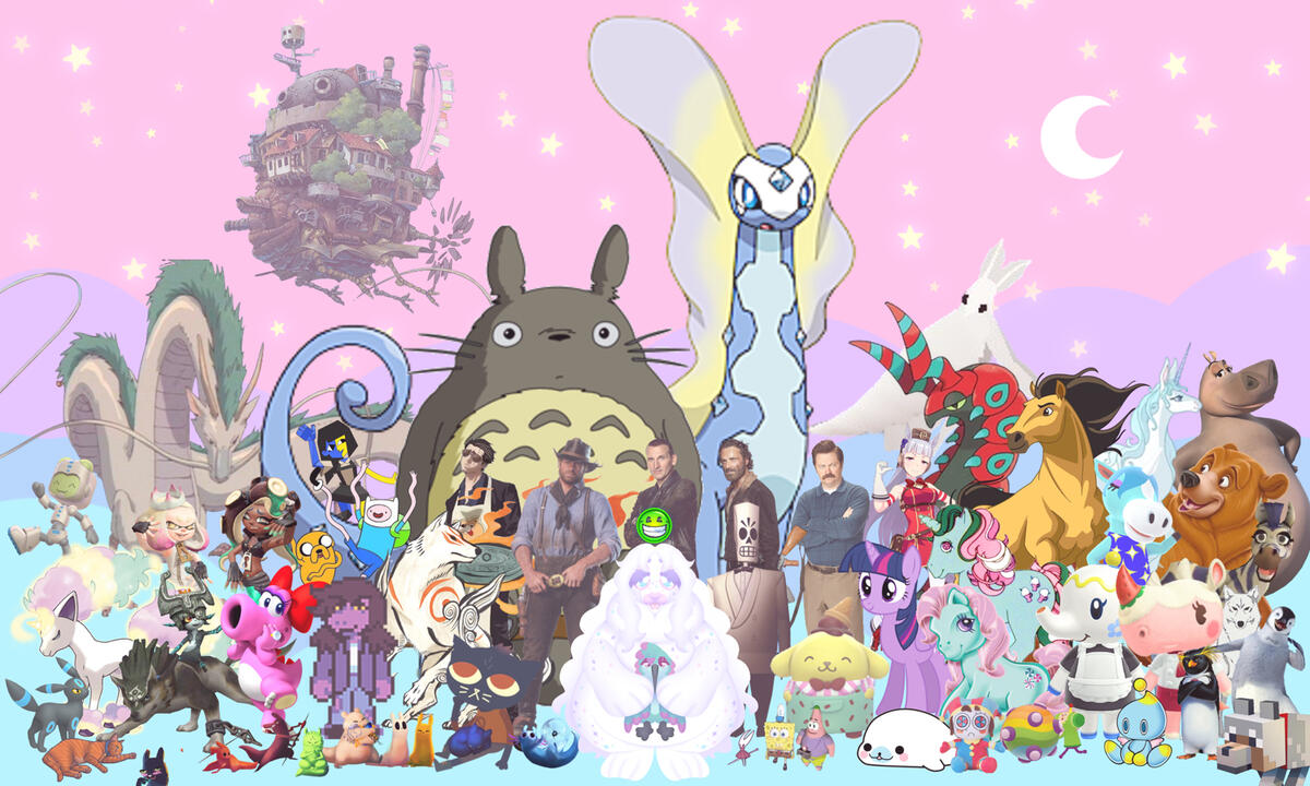 A glittery collage of characters with a pink filter over it, covered in hearts and sparkles. It displays Arthur Morgan, Moon and Rivulet, Daryl and Rick, Mae, Amaterasu, Legoshi, Minty, The Doctor's 9th and 10th regenerations, and Roxanne Wolf
