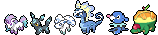 A line of Pokemon sprites. From left to right it's Galar Ponyta, Shiny Umbreon, Alolan Vulpix, Aurorus, Popplio, and Appltun